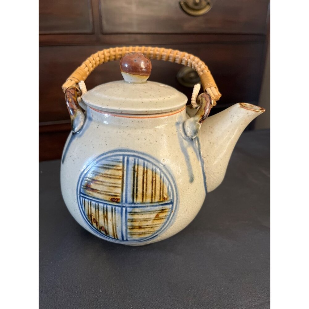 Japanese Stoneware Tea Pot Vintage Hand Painted Mid-Century